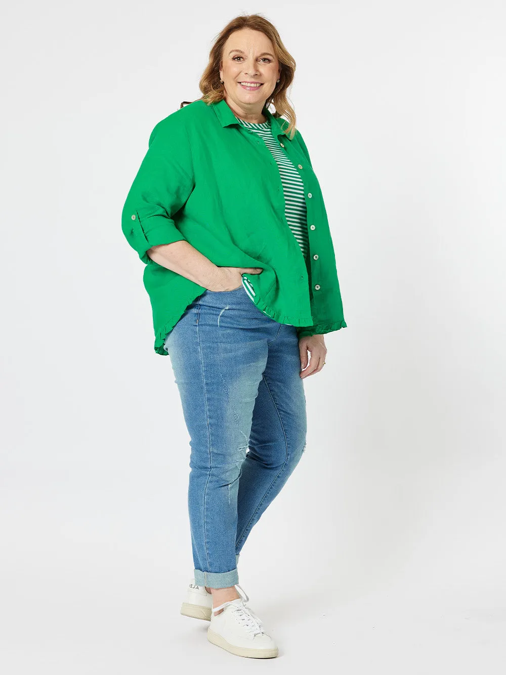 Ruffle Hem Linen Shirt - Emerald sold by RC & Co product image thumbnail 2