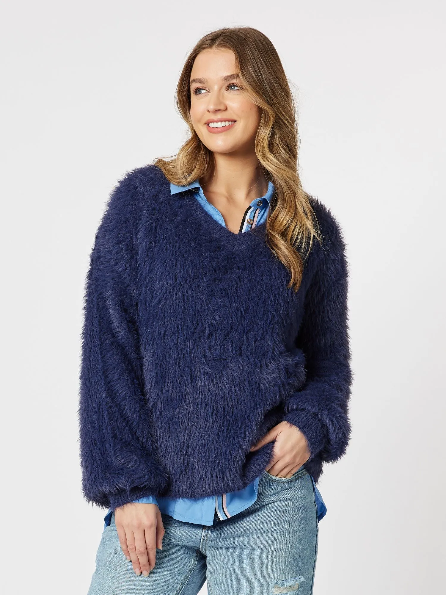 Fluffy V-Neck Knit Jumper - Navy sold by RC & Co product image thumbnail 3