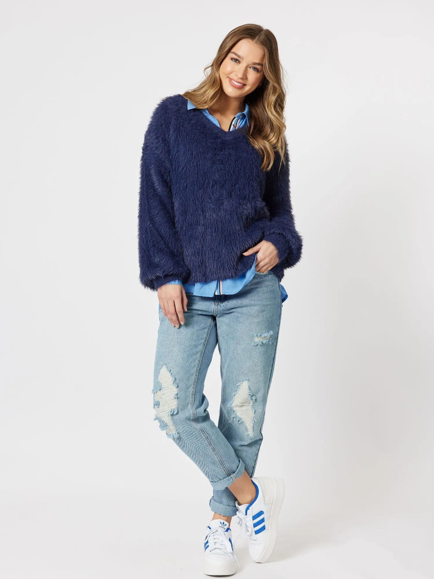 Fluffy V-Neck Knit Jumper - Navy sold by RC & Co product image thumbnail 2