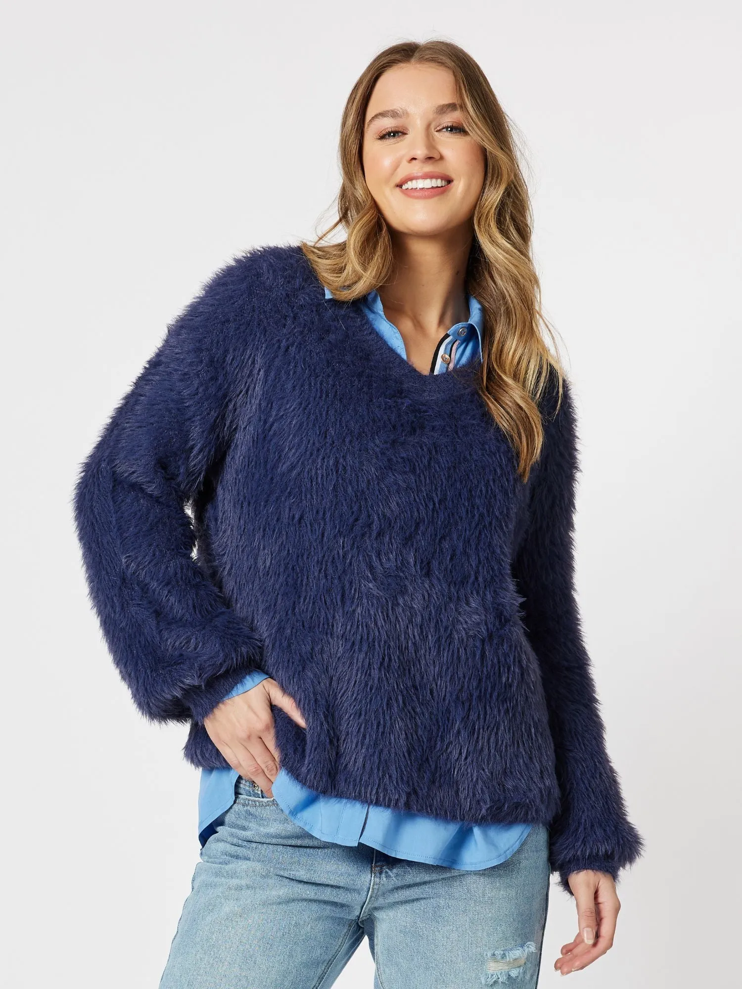 Fluffy V-Neck Knit Jumper - Navy sold by RC & Co