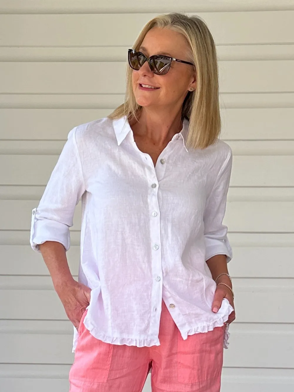 Ruffle Hem Linen Shirt - White sold by RC & Co product image thumbnail 2