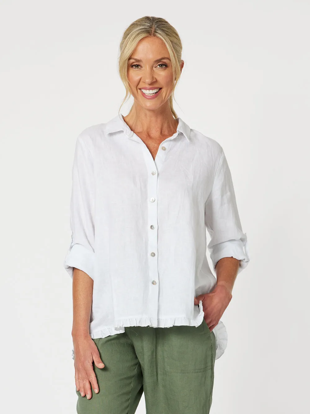 Ruffle Hem Linen Shirt - White sold by RC & Co