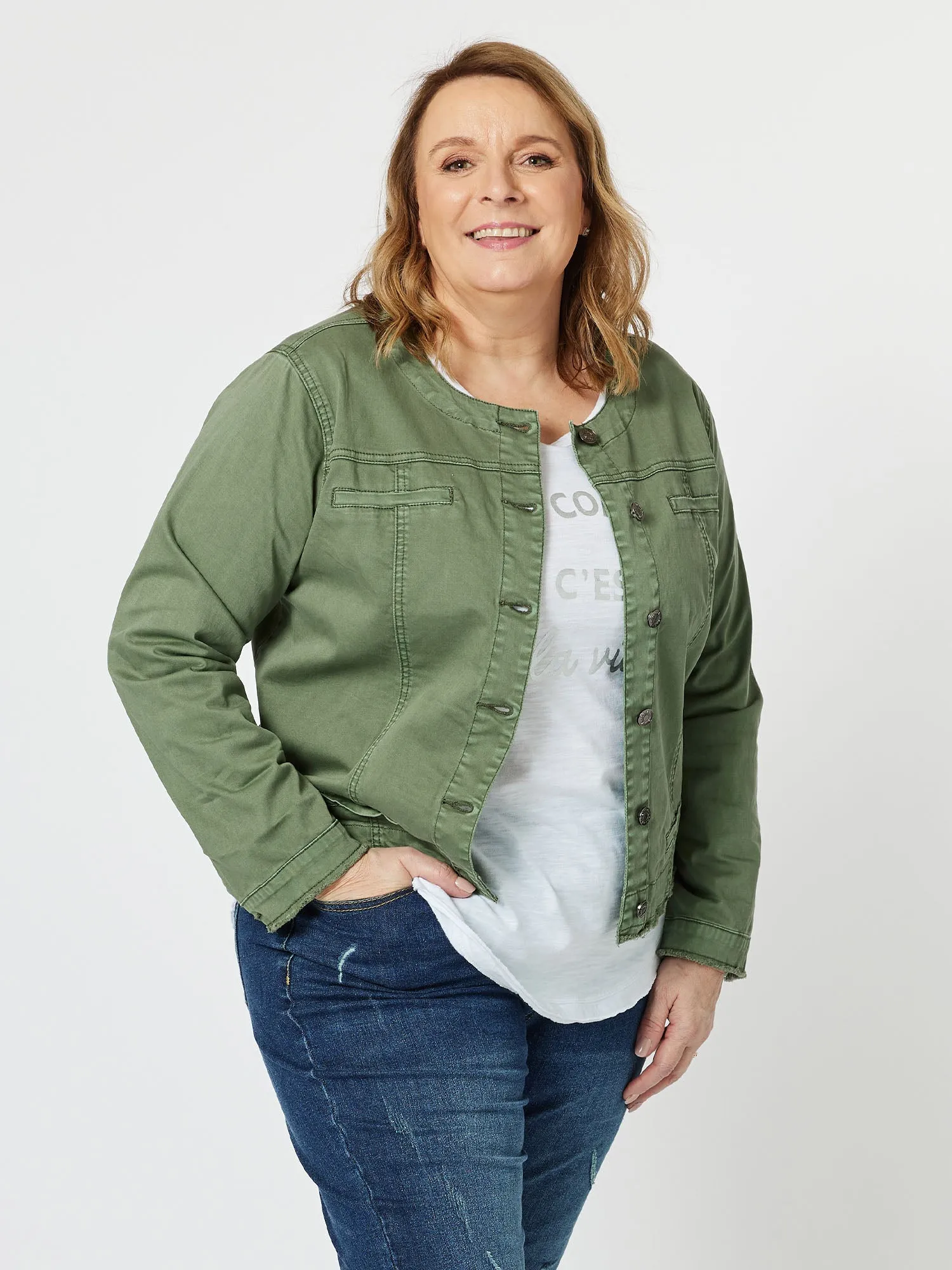 Collarless Denim Jacket - Khaki sold by RC & Co product image thumbnail 2