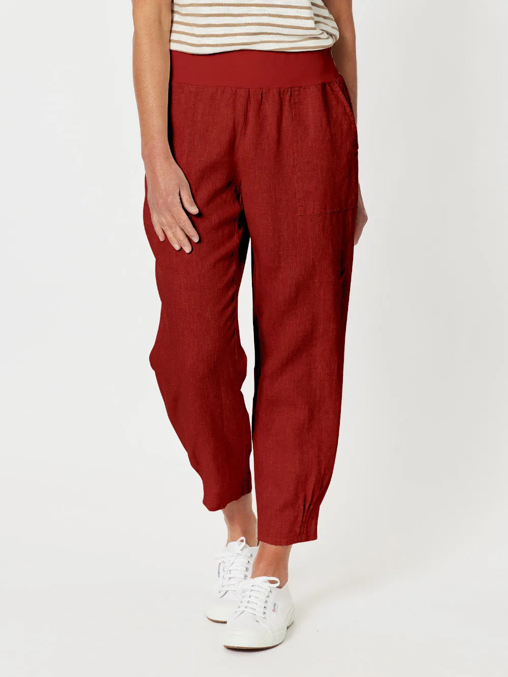 Sarah Linen Pleat Hem Pant - Brick Red sold by RC & Co