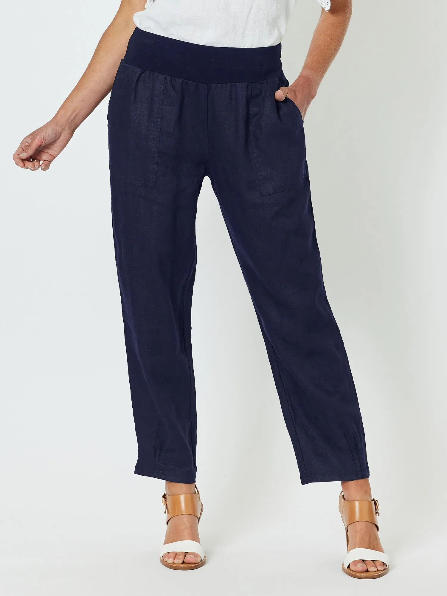 Sarah Linen Pleat Hem Pant - Navy sold by RC & Co