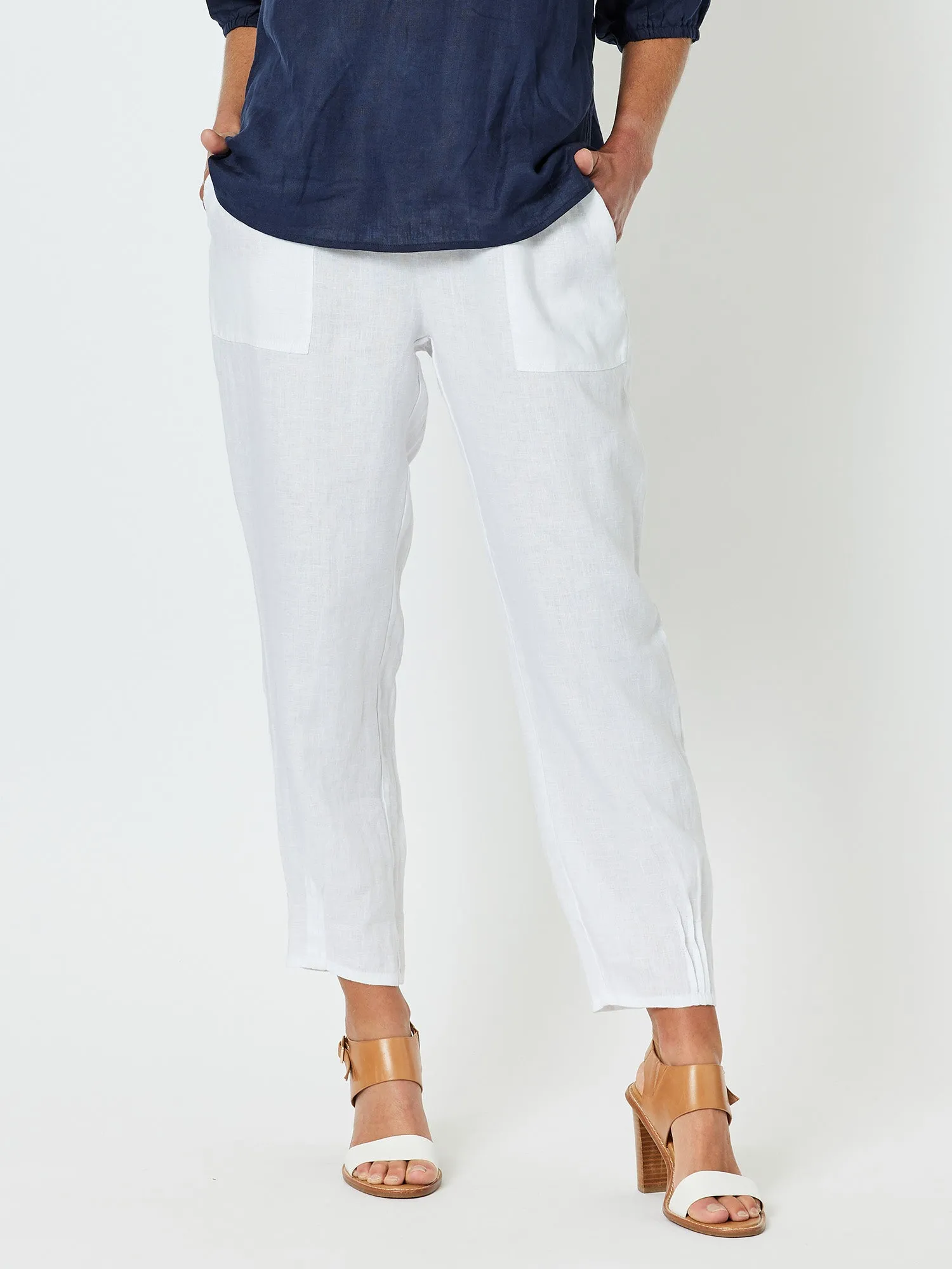 Sarah Linen Pleat Hem Pant - White sold by RC & Co