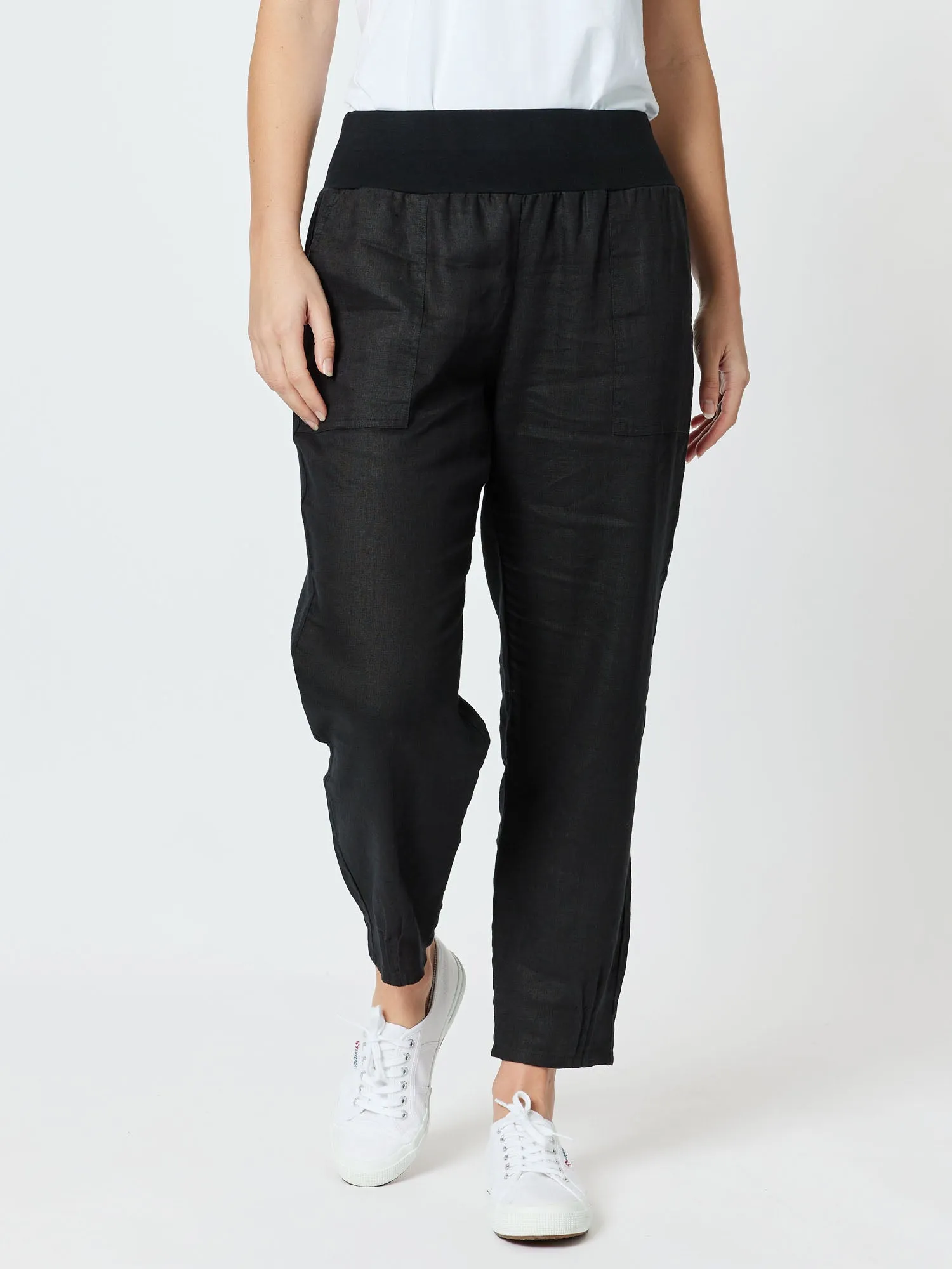 Sarah Linen Pleat Hem Pant - Black sold by RC & Co