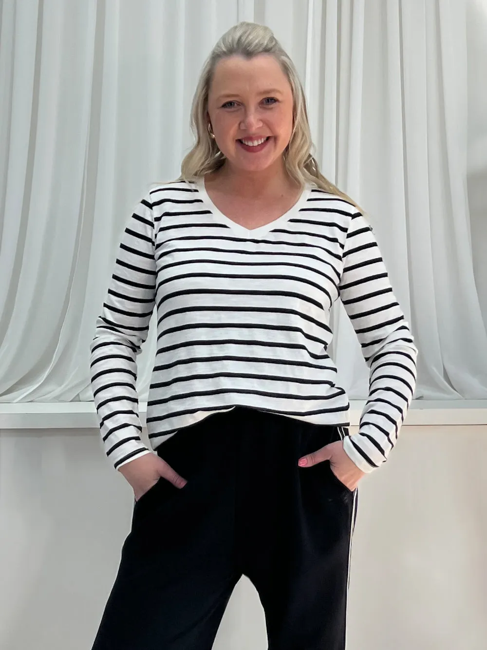 V-Neck Stripe T-Shirt - White/Black sold by RC & Co