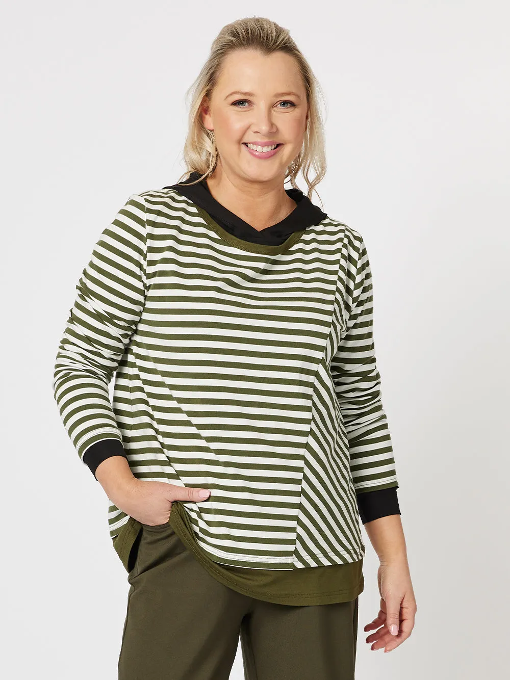 Sarah Stripe Print Long Sleeve Top - Khaki sold by RC & Co