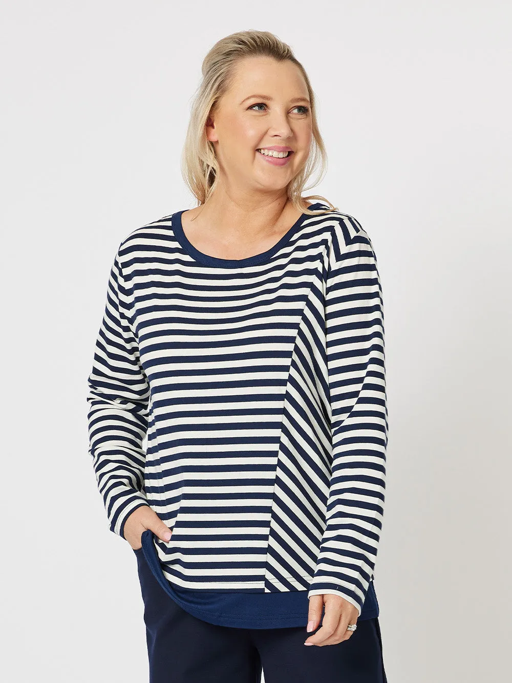Sarah Stripe Print Long Sleeve Top - Navy sold by RC & Co