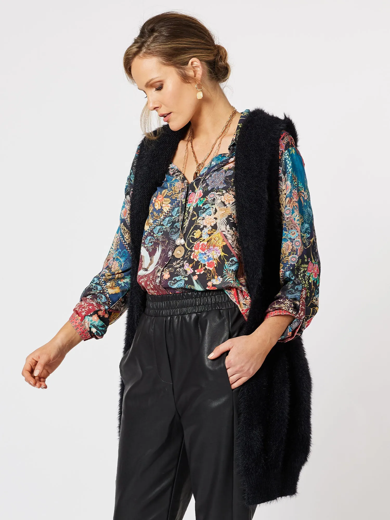 Feather Knit Longline Hooded Vest - Black sold by RC & Co