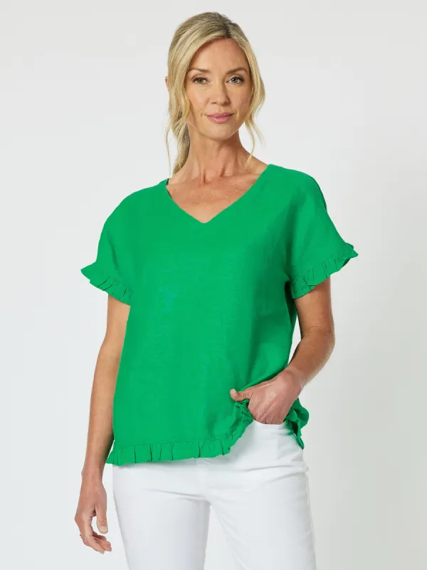 Ruffle Hem Linen Top - Emerald sold by RC & Co