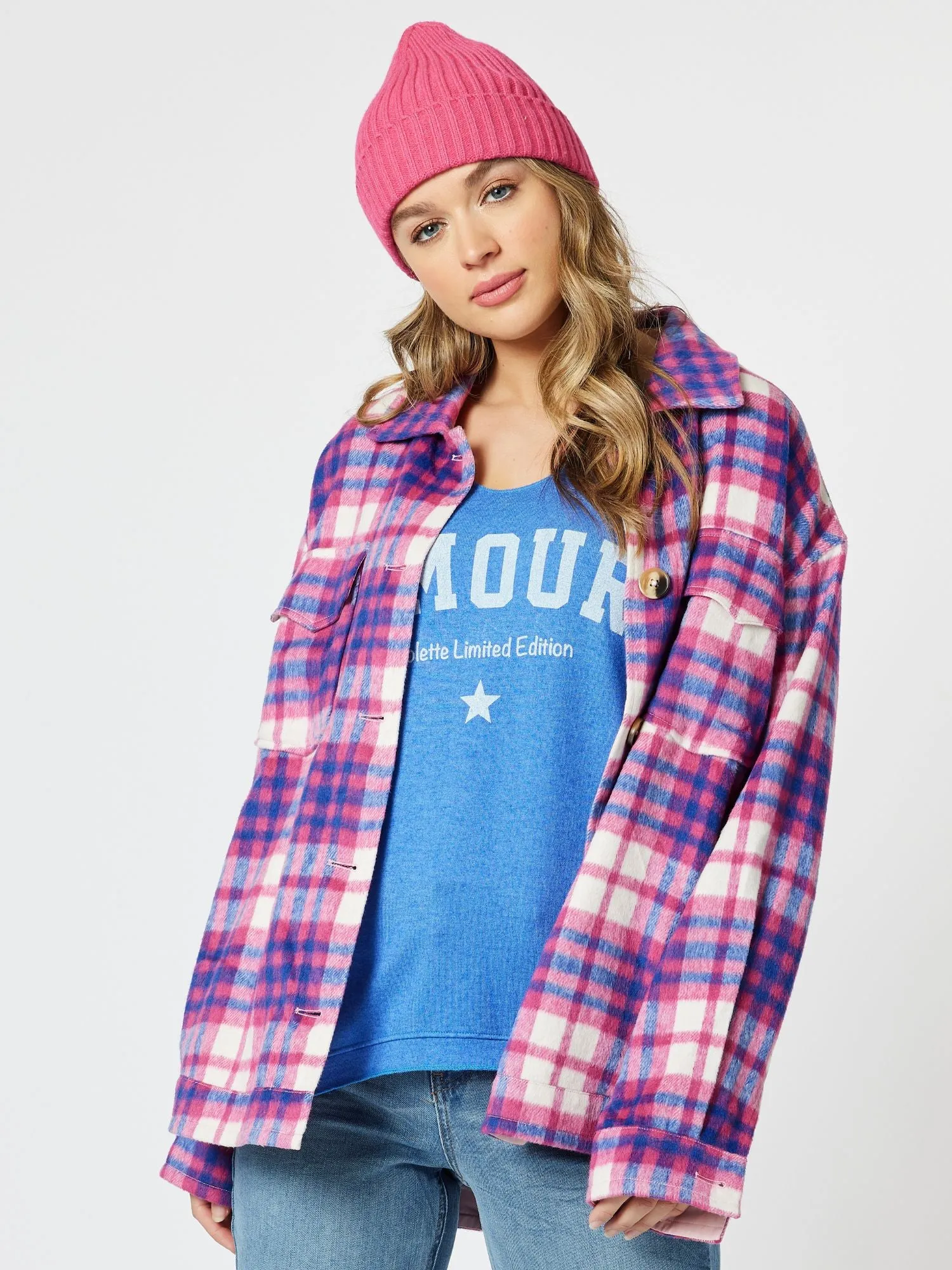 Brooklyn Check Melton Shacket - Pink sold by RC & Co