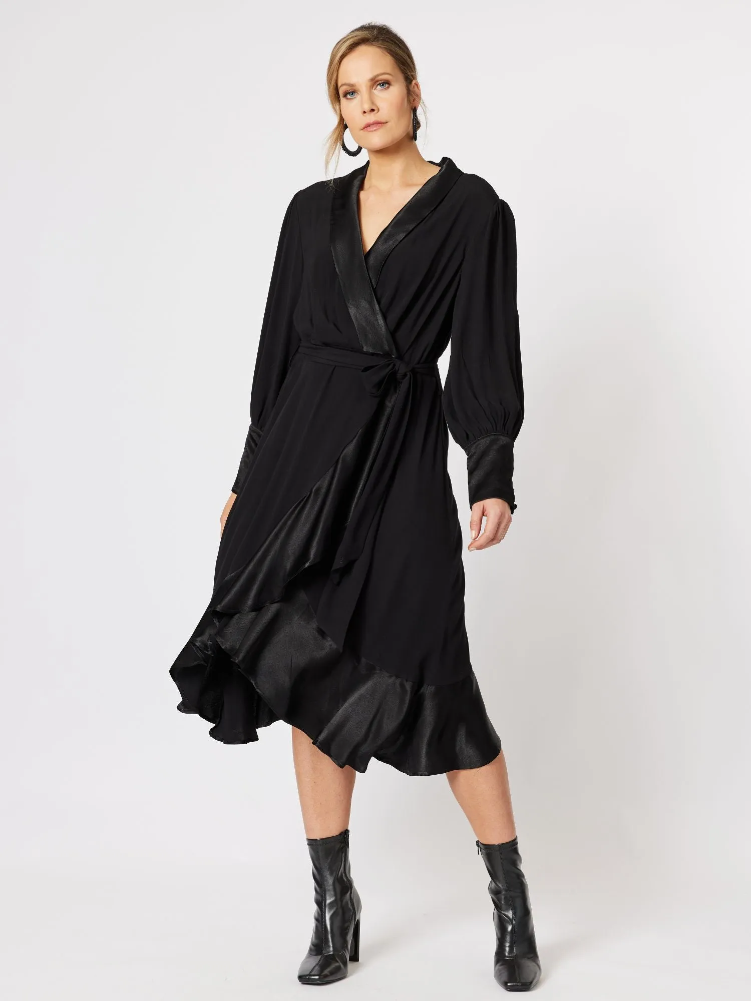 Tuxedo Satin Wrap Dress - Black sold by RC & Co