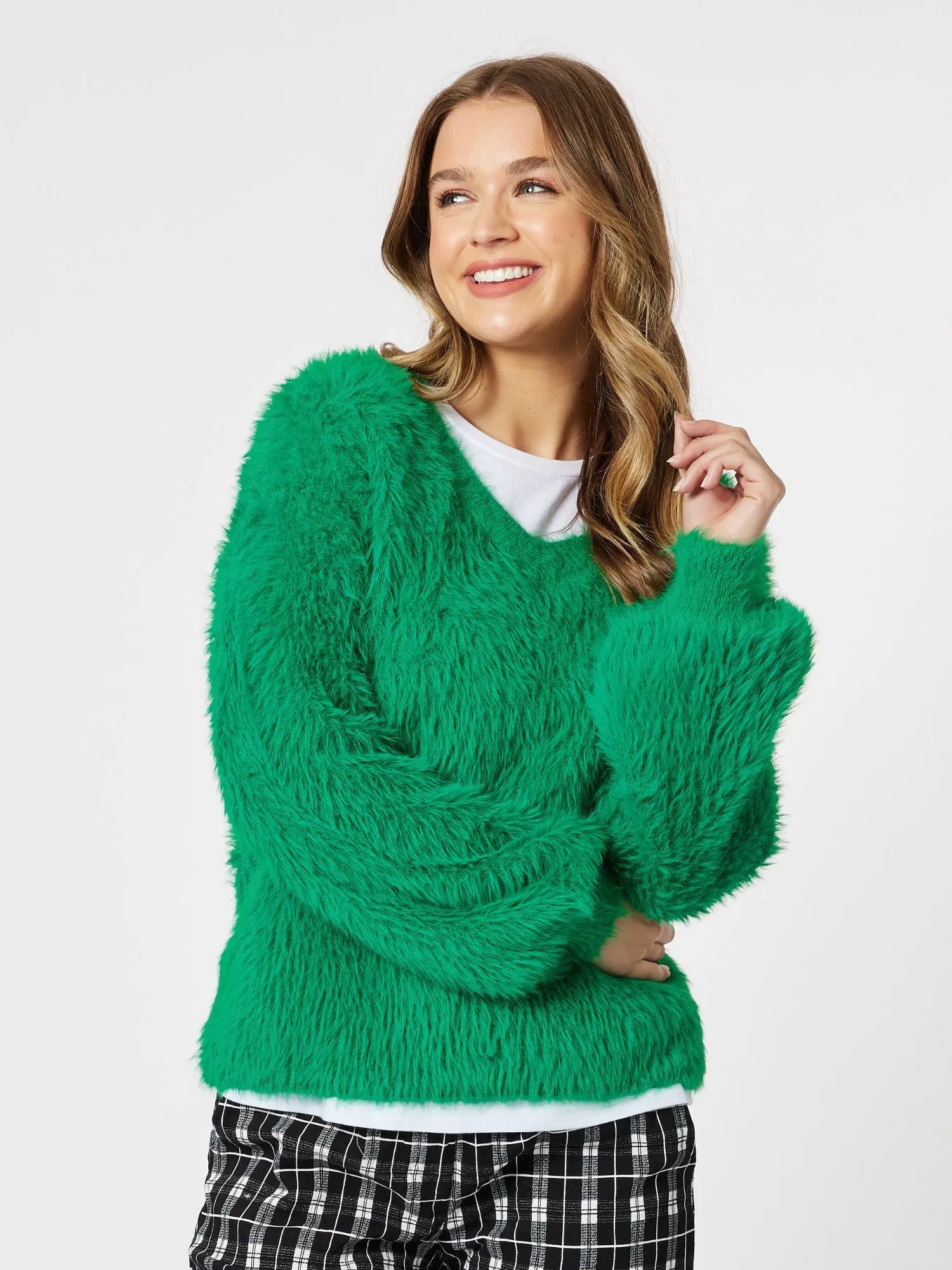 Fluffy V-Neck Knit Jumper - Green sold by RC & Co