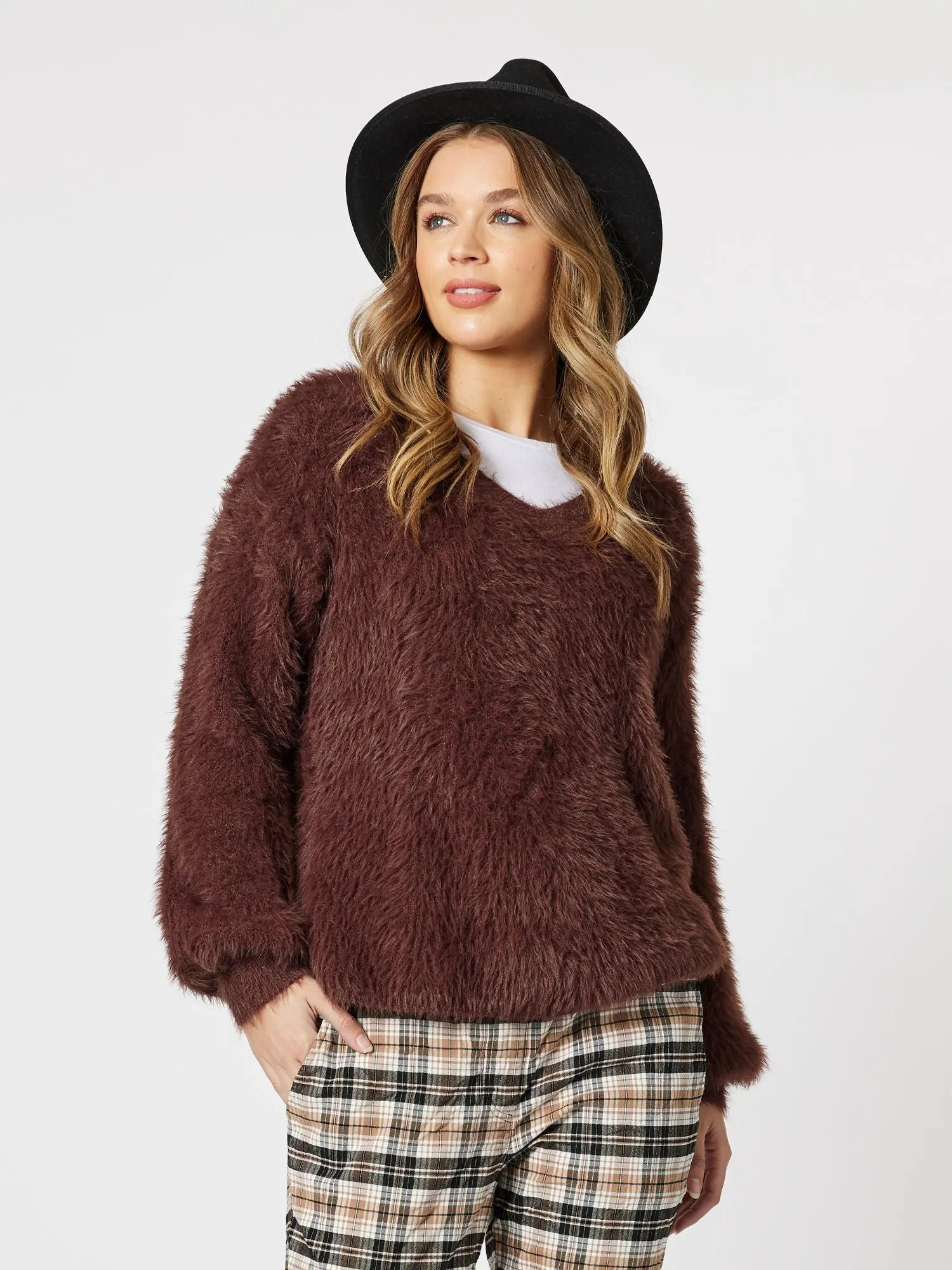 Fluffy V-Neck Knit Jumper - Chocolate sold by RC & Co product image thumbnail 3