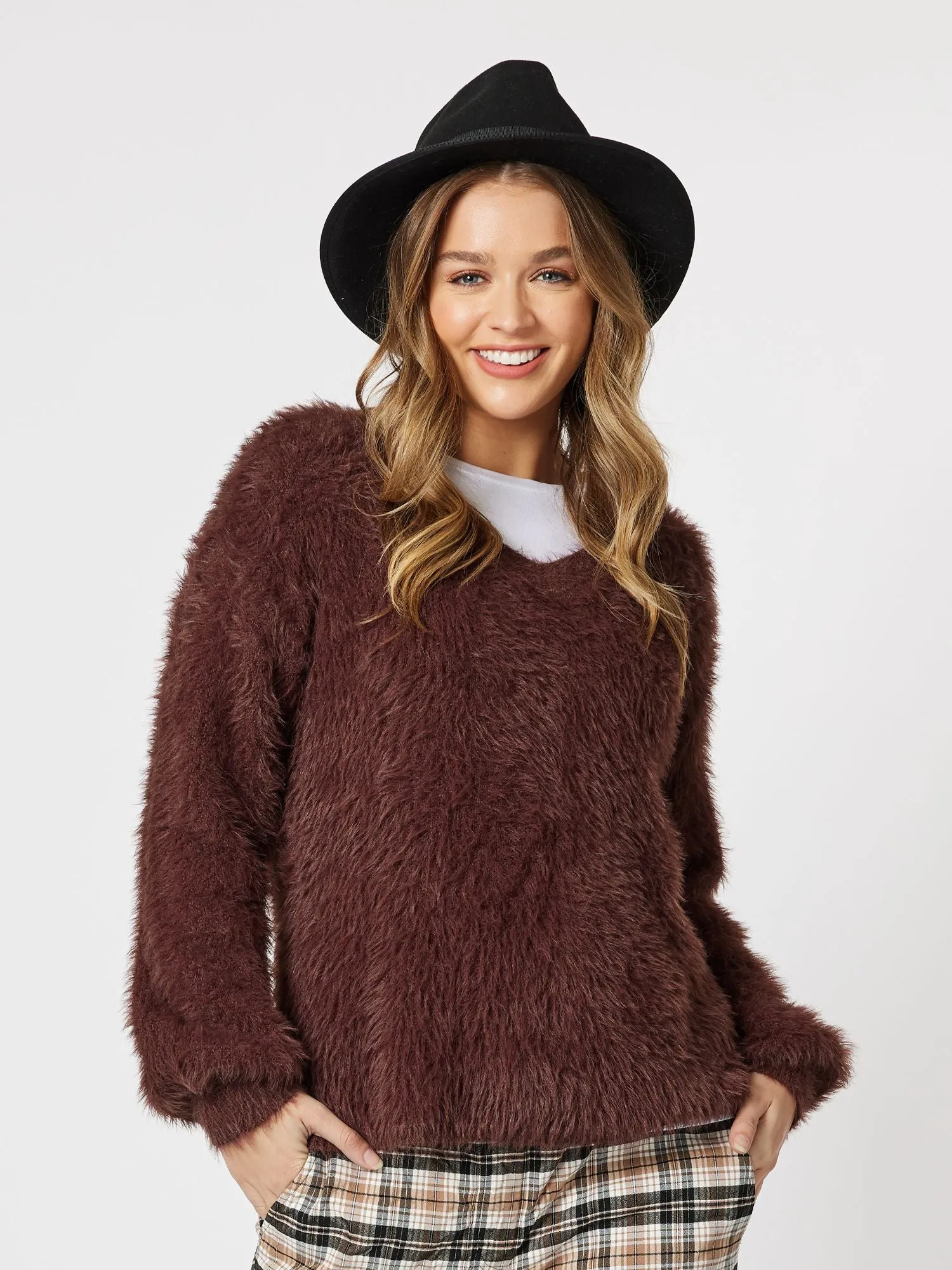 Fluffy V-Neck Knit Jumper - Chocolate sold by RC & Co