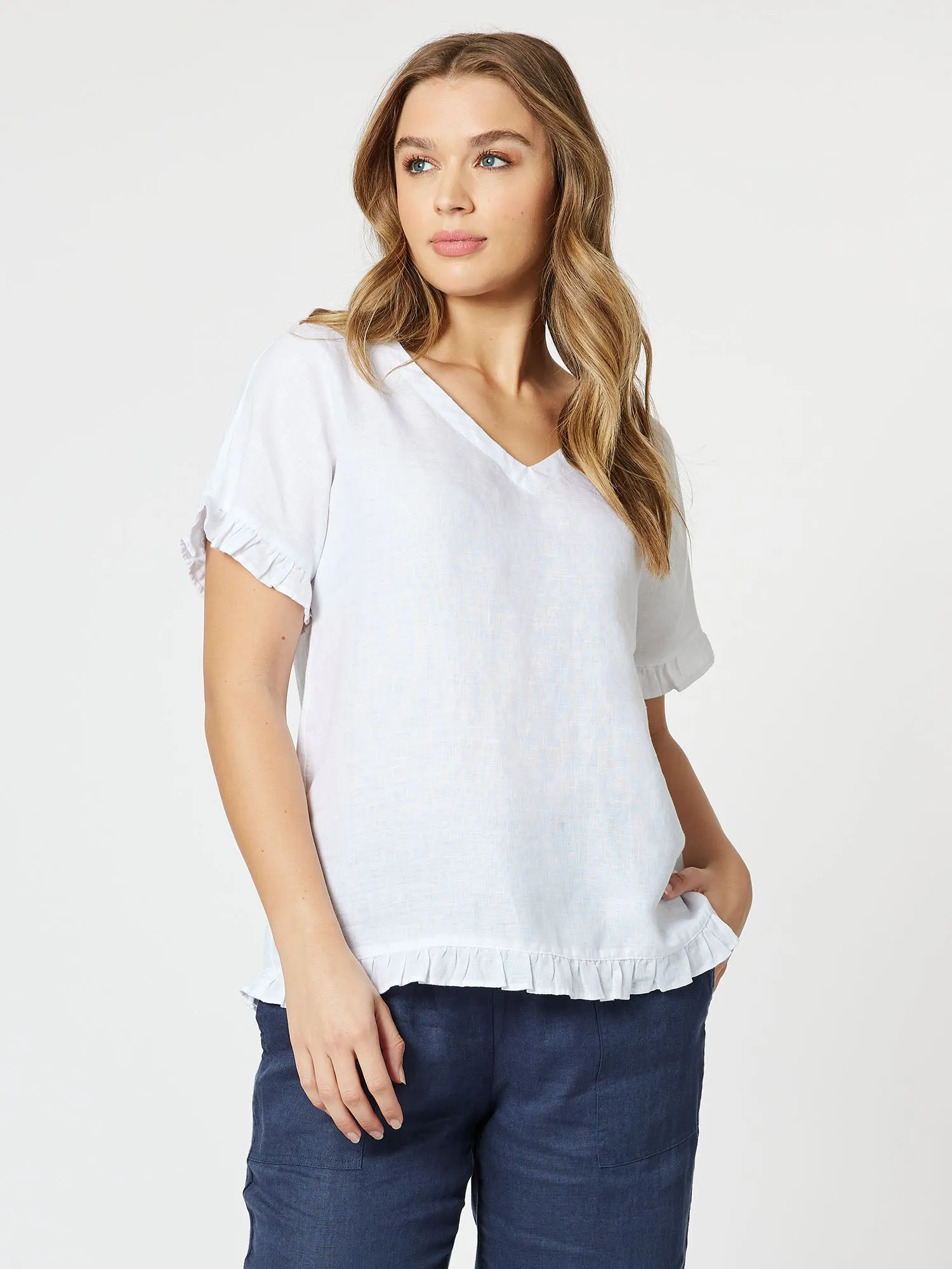 Ruffle Hem Linen Top - White sold by RC & Co
