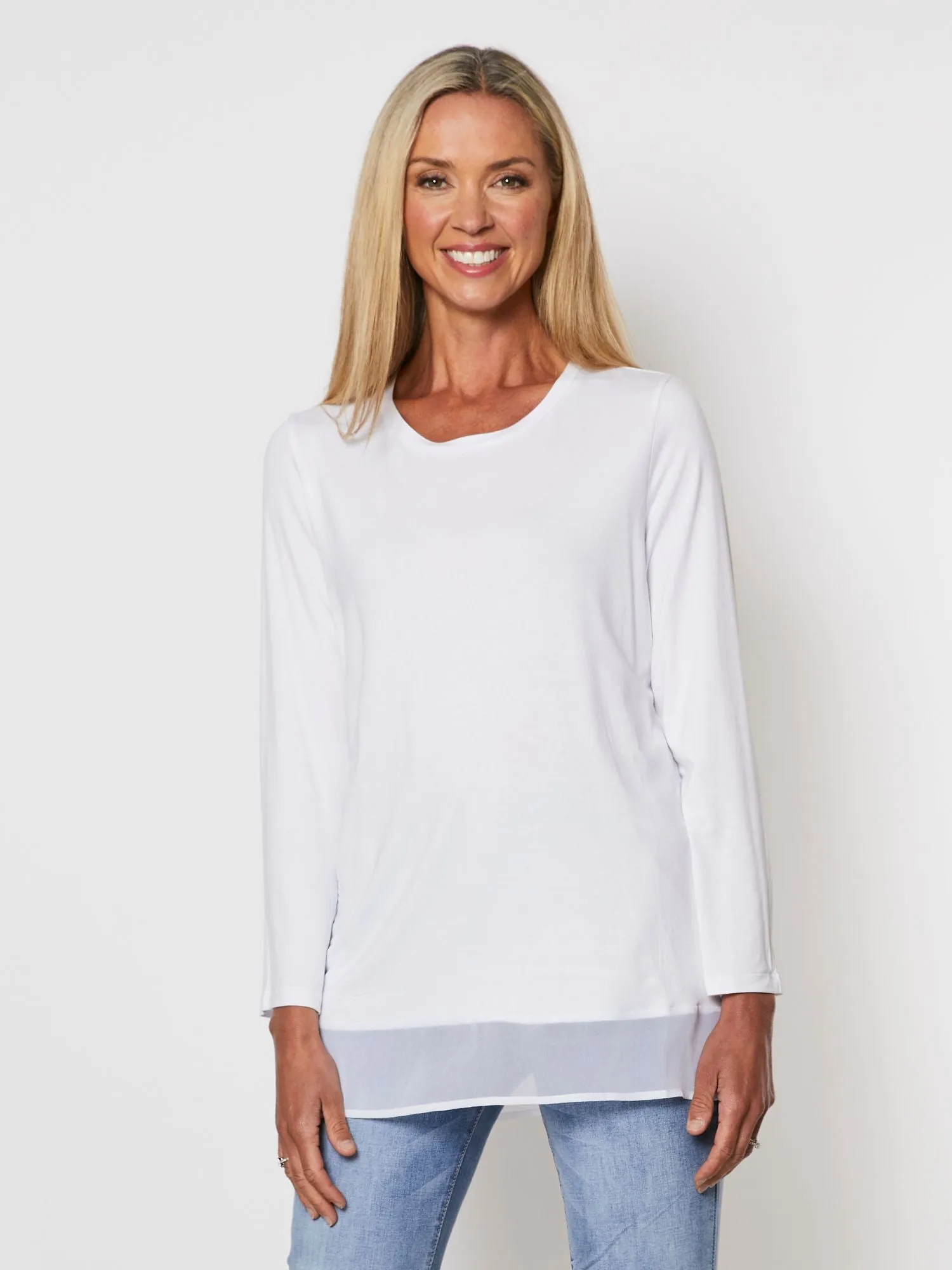 Long Sleeve Georgette Hem T-shirt - White sold by RC & Co