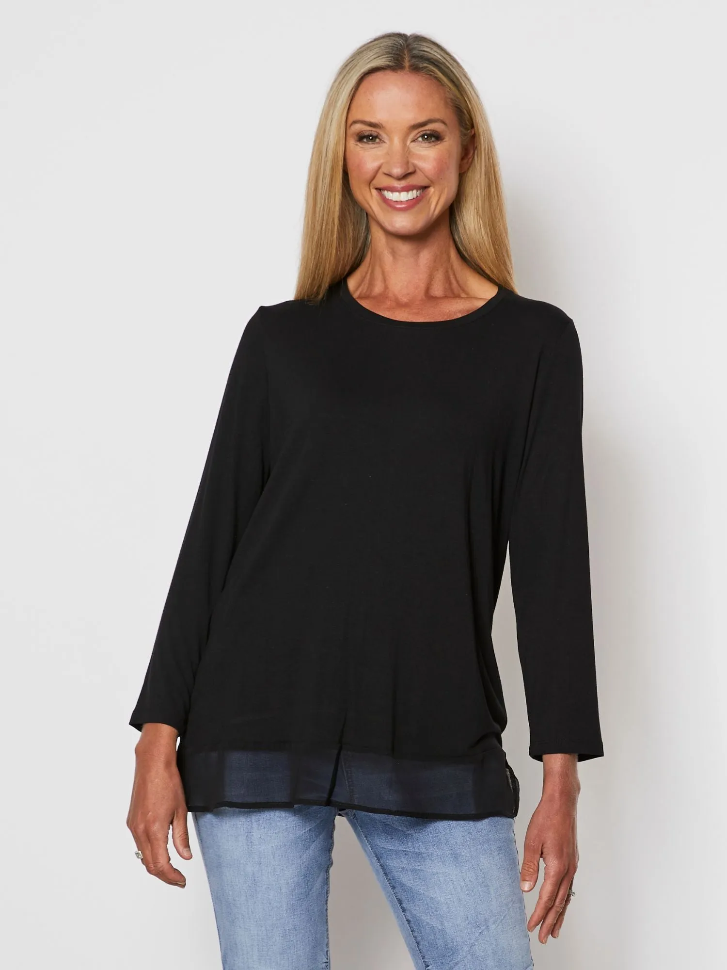 Long Sleeve Georgette Hem T-shirt - Black sold by RC & Co