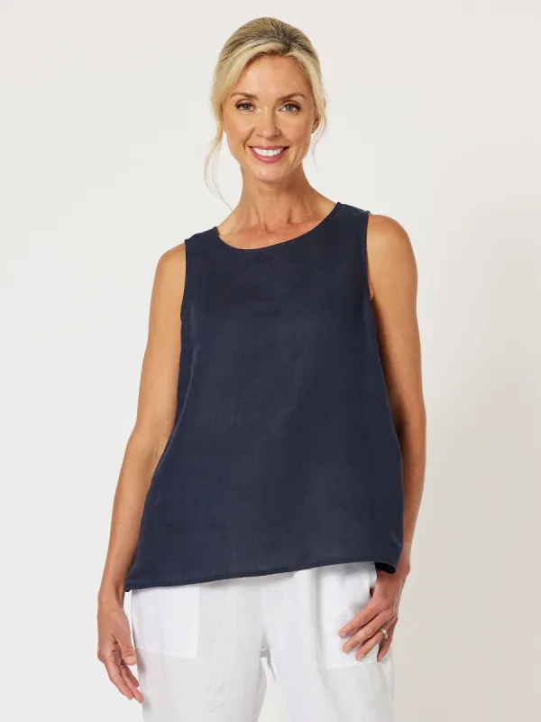 Bianca Linen Button Tank Top - Navy sold by RC & Co