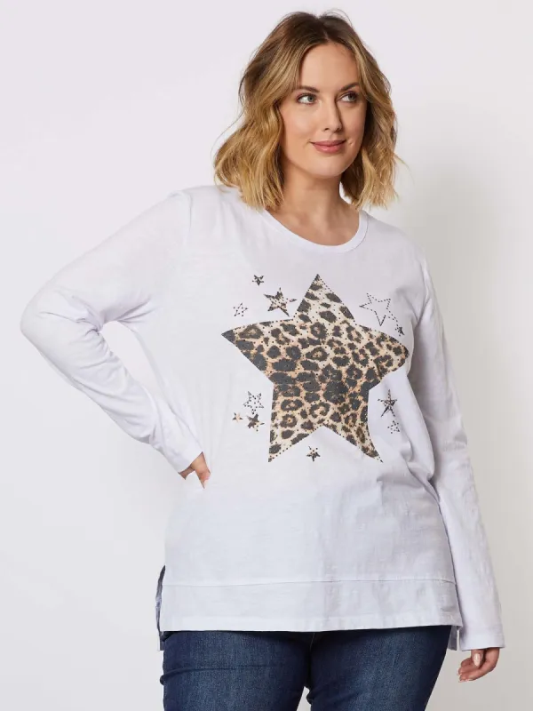 Animal Star Print Long Sleeve Cotton Top - White sold by RC & Co