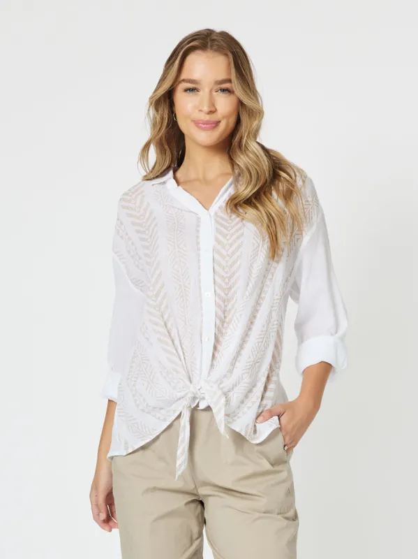 Ivy Print Front Tie Shirt - White/Stone sold by RC & Co