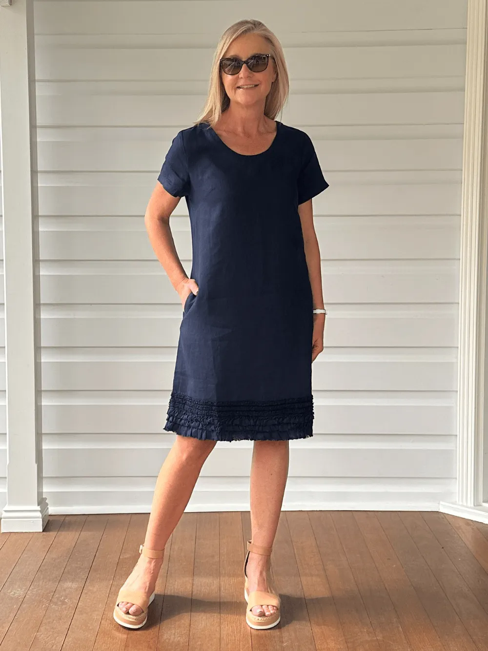 Ruffle Hem Linen Dress Scoop Neck - Navy sold by RC & Co product image thumbnail 3