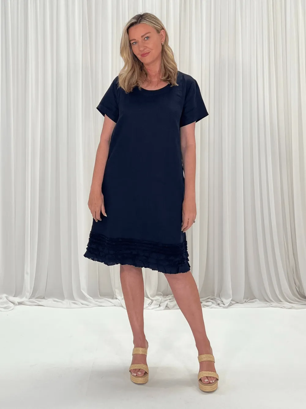 Ruffle Hem Linen Dress Scoop Neck - Navy sold by RC & Co