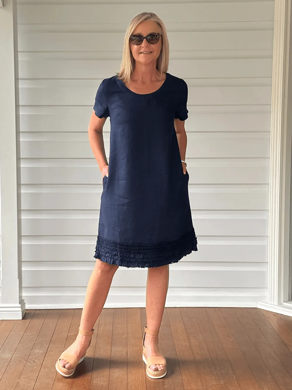 Ruffle Hem Linen Dress Scoop Neck - Navy sold by RC & Co product image thumbnail 5
