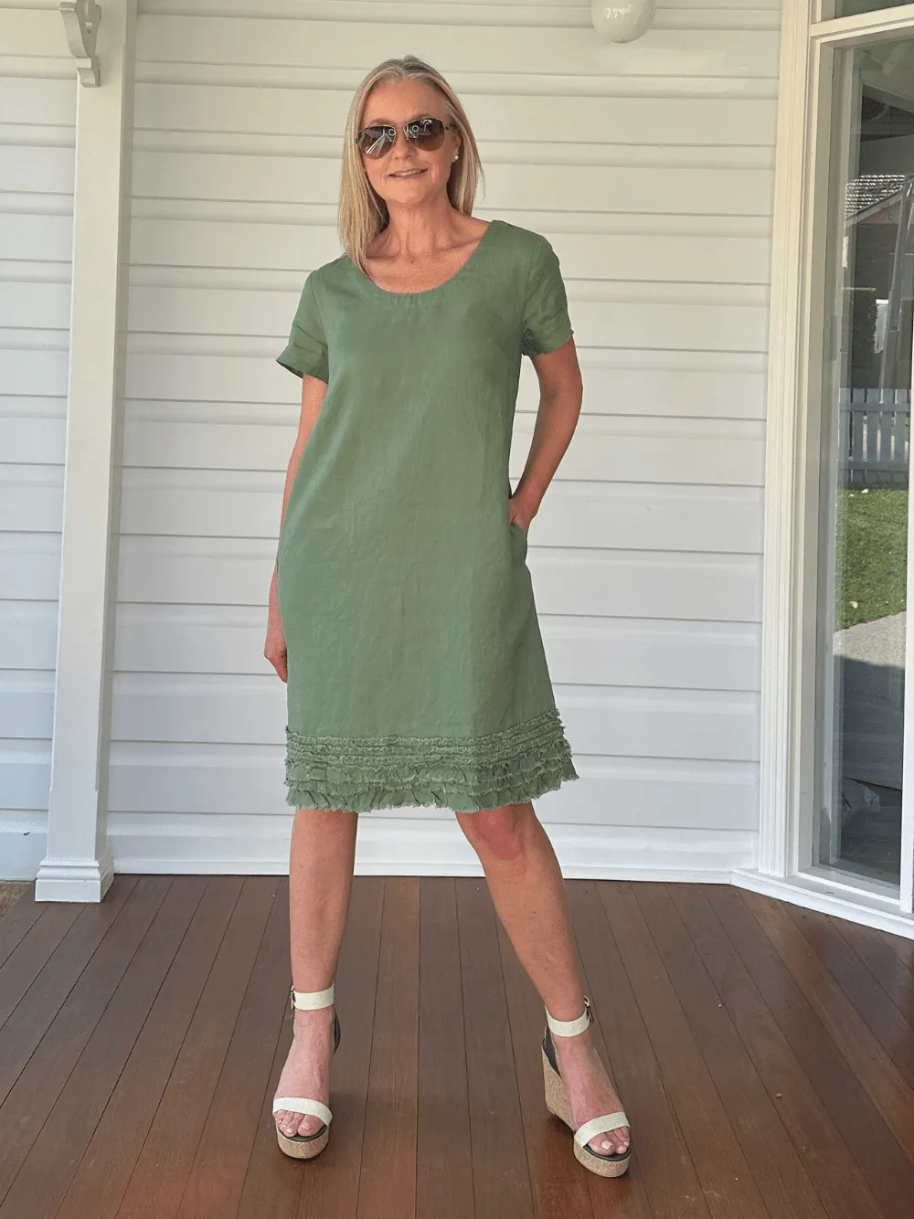 Ruffle Hem Linen Dress Scoop Neck - Khaki sold by RC & Co product image thumbnail 3