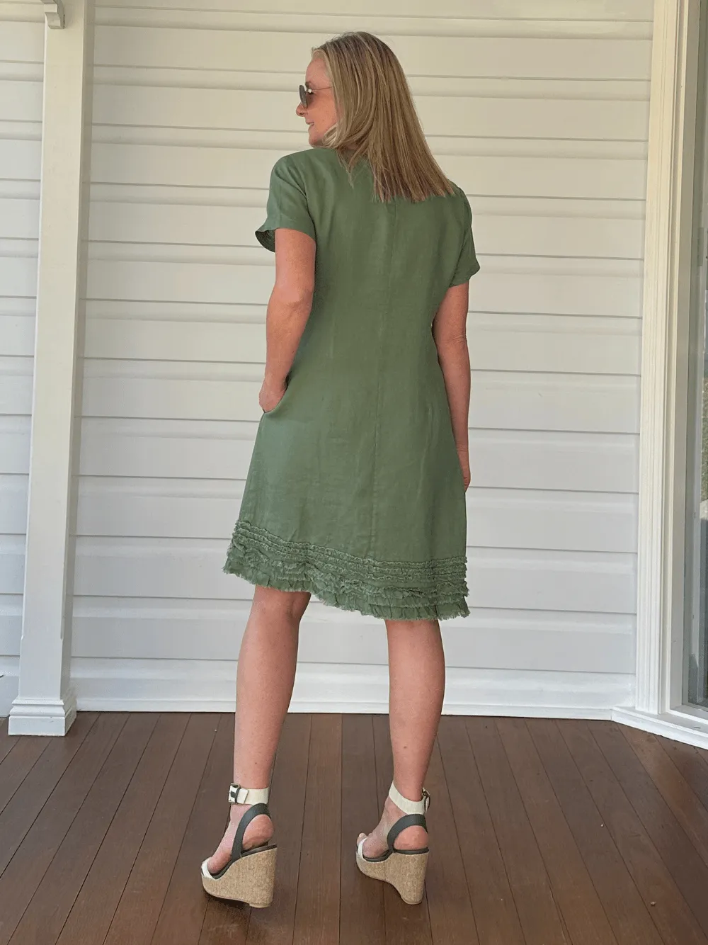 Ruffle Hem Linen Dress Scoop Neck - Khaki sold by RC & Co product image thumbnail 4