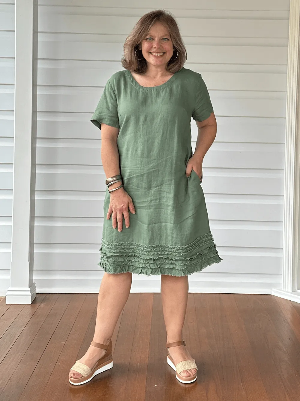 Ruffle Hem Linen Dress Scoop Neck - Khaki sold by RC & Co product image thumbnail 2