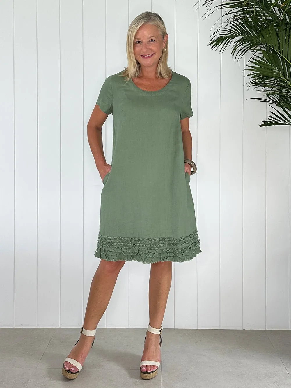 Ruffle Hem Linen Dress Scoop Neck - Khaki sold by RC & Co