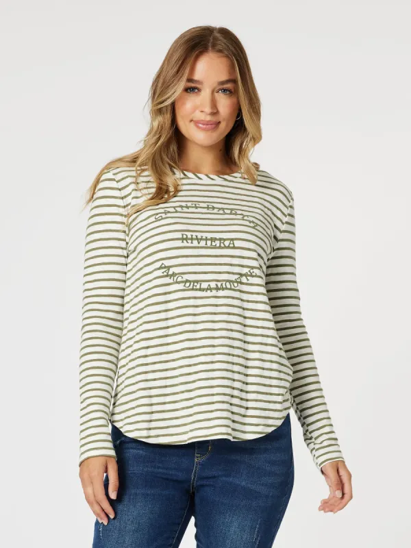 Riviera Stripe Print Long Sleeve Tee - Khaki/White sold by RC & Co