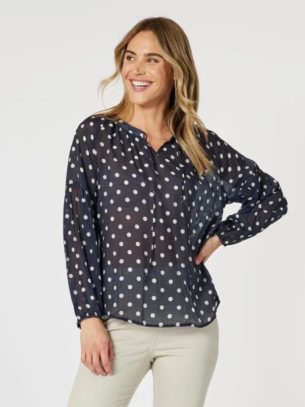 Sorrento Spot Print Sheer Blouse - Navy/White sold by RC & Co