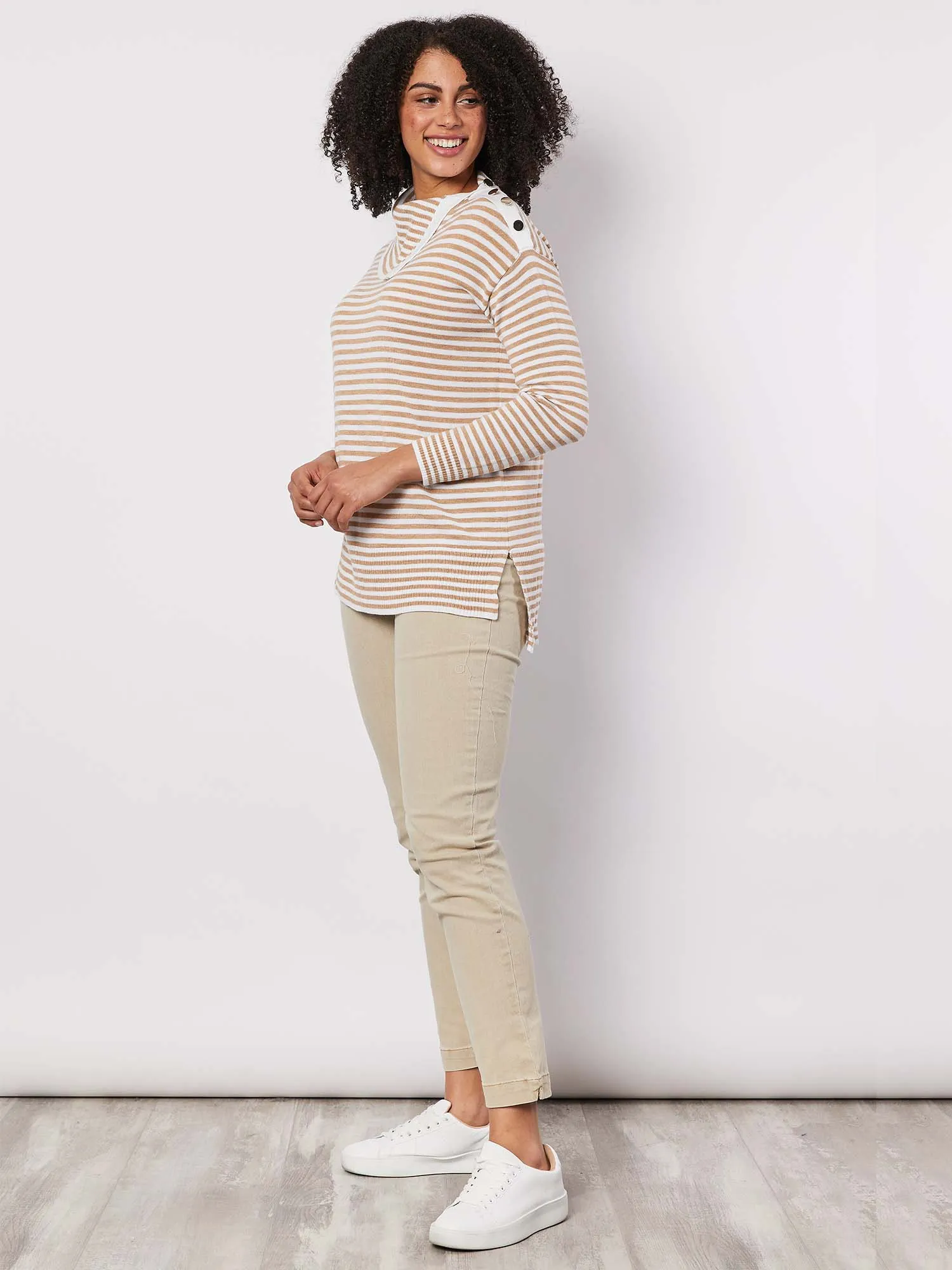 Button Neck Stripe Knit Top - Caramel Stripe sold by RC & Co product image thumbnail 4