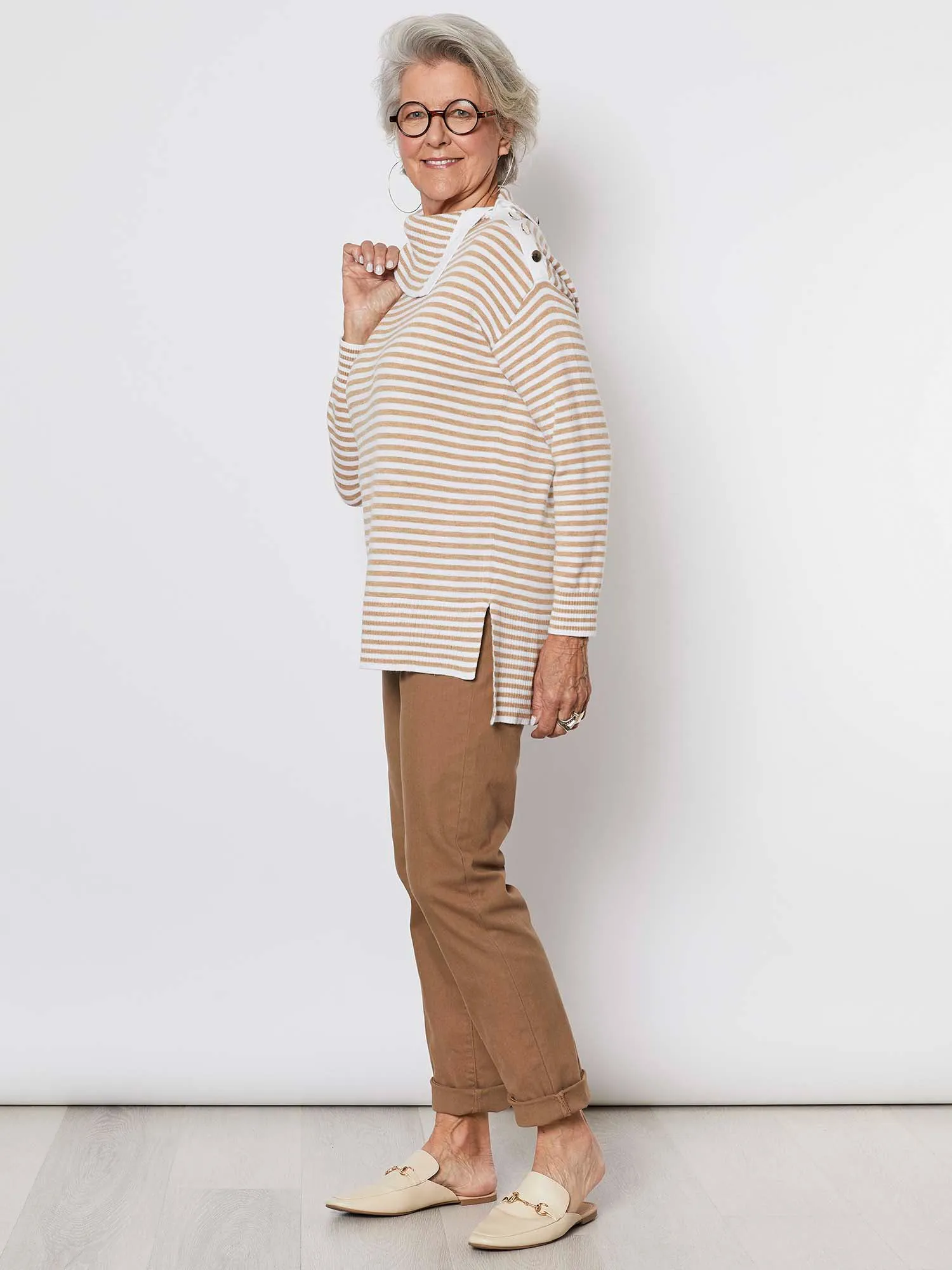 Button Neck Stripe Knit Top - Caramel Stripe sold by RC & Co product image thumbnail 2