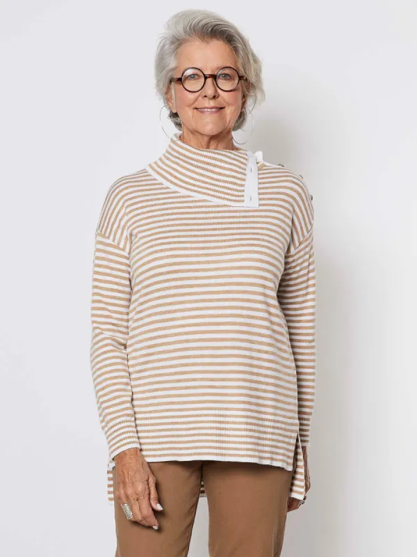 Button Neck Stripe Knit Top - Caramel Stripe sold by RC & Co