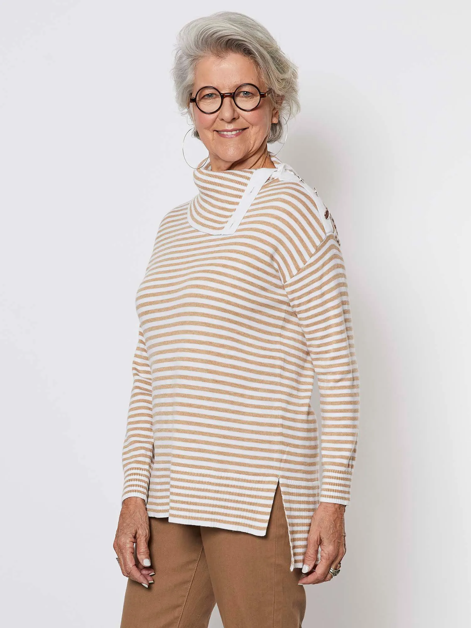Button Neck Stripe Knit Top - Caramel Stripe sold by RC & Co product image thumbnail 3
