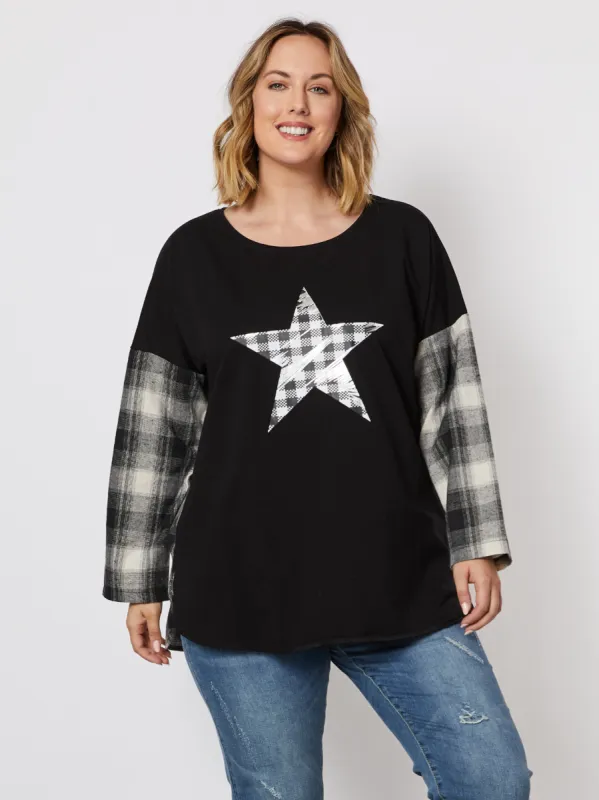 Contrast Check Star Long Sleeve Tee - Black sold by RC & Co