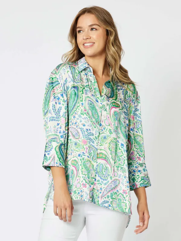 Vibe Satin Print Long Sleeve Shirt - Green sold by RC & Co