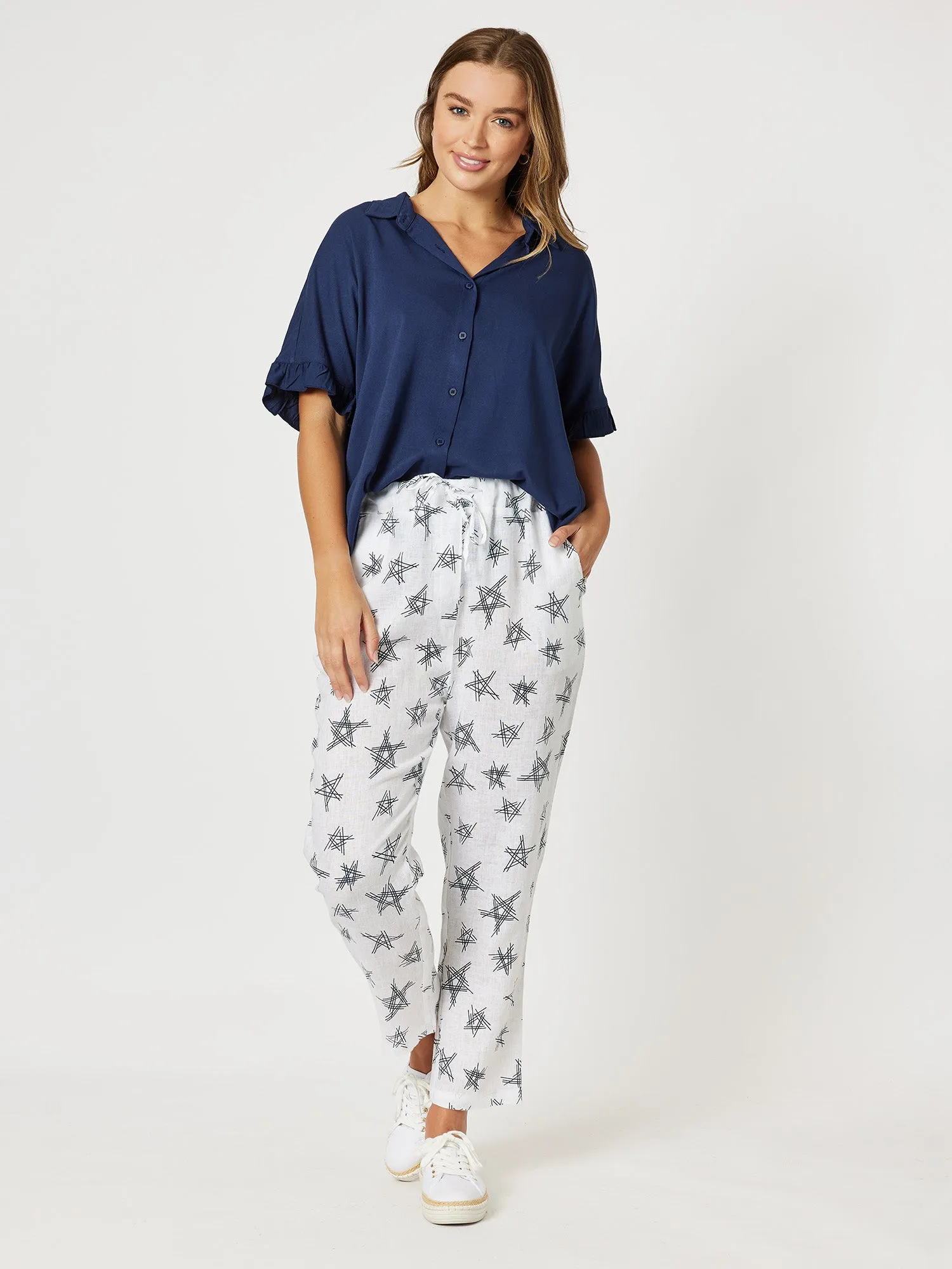 Frilled Sleeve Shirt - Navy sold by RC & Co