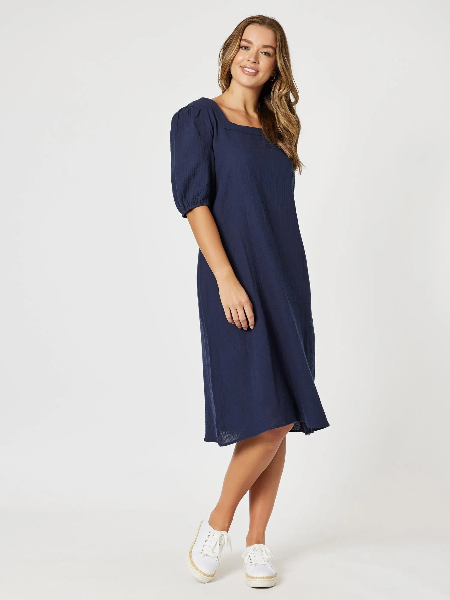 Square Neck Cotton Dress - Navy sold by RC & Co