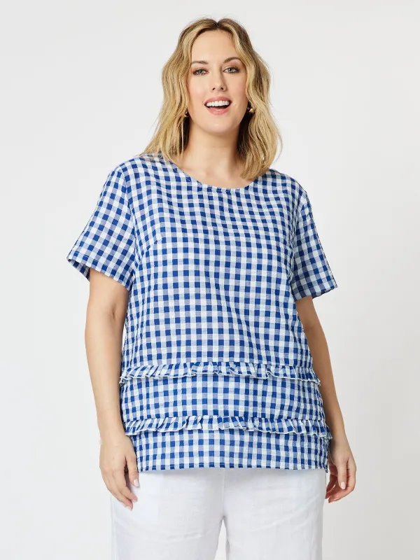 Gingham Check Double Frill Top - Cobalt sold by RC & Co