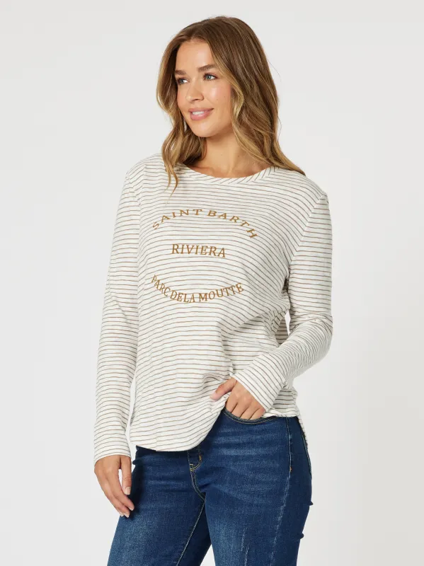 Riviera Long Sleeve Stripe Print Tee - Natural/White sold by RC & Co