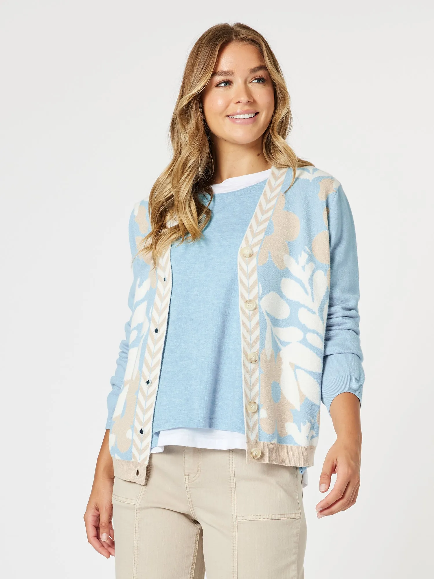 Pasadena Floral Print Knit Cardigan - Blue/Natural sold by RC & Co