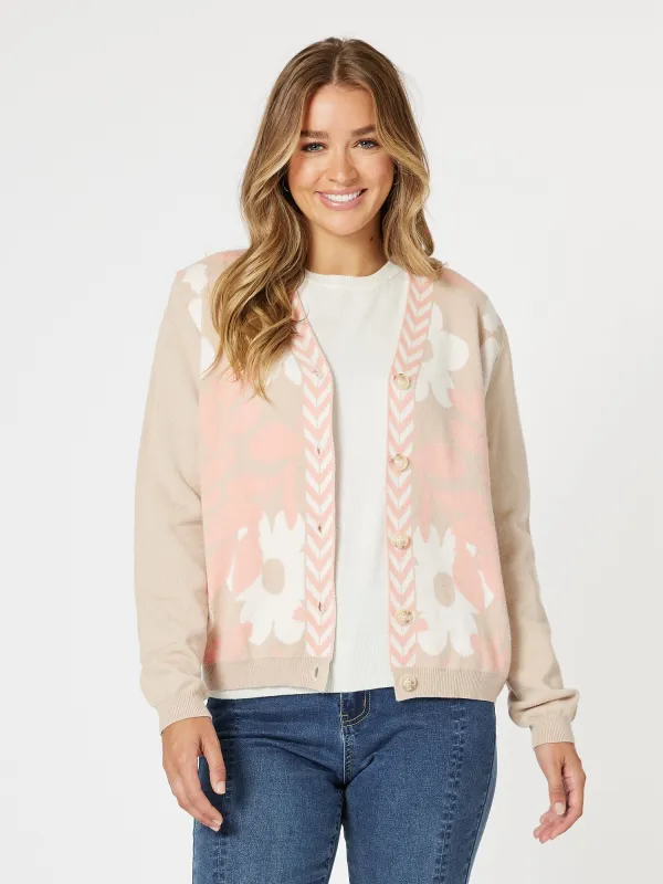 Pasadena Floral Print Knit Cardigan - Coral/Natural sold by RC & Co