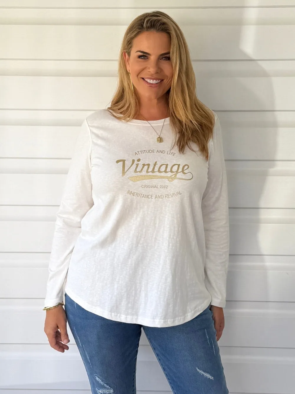 Vintage Long Sleeve Print Tee - White/Gold sold by RC & Co