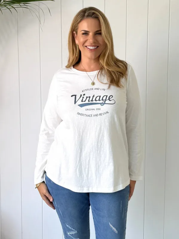 Vintage Long Sleeve Print Tee - White/Denim sold by RC & Co